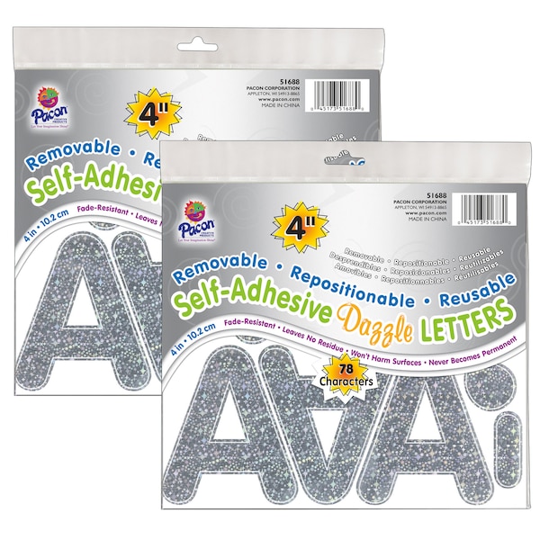 Self-Adhesive Letters, Silver Dazzle, Puffy Font, 4in, 78 Count, PK2